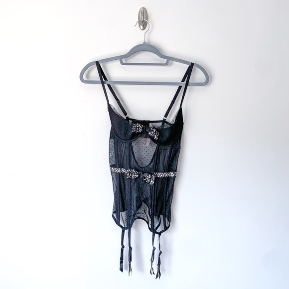 Victoria's Secret Black Mesh Bustier with Rhinestone Bow - Picture 1 of 6